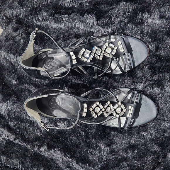 Tory Burch Black Satin and Crystal's with Leather sole Size 38.5 - Picture 5 of 11